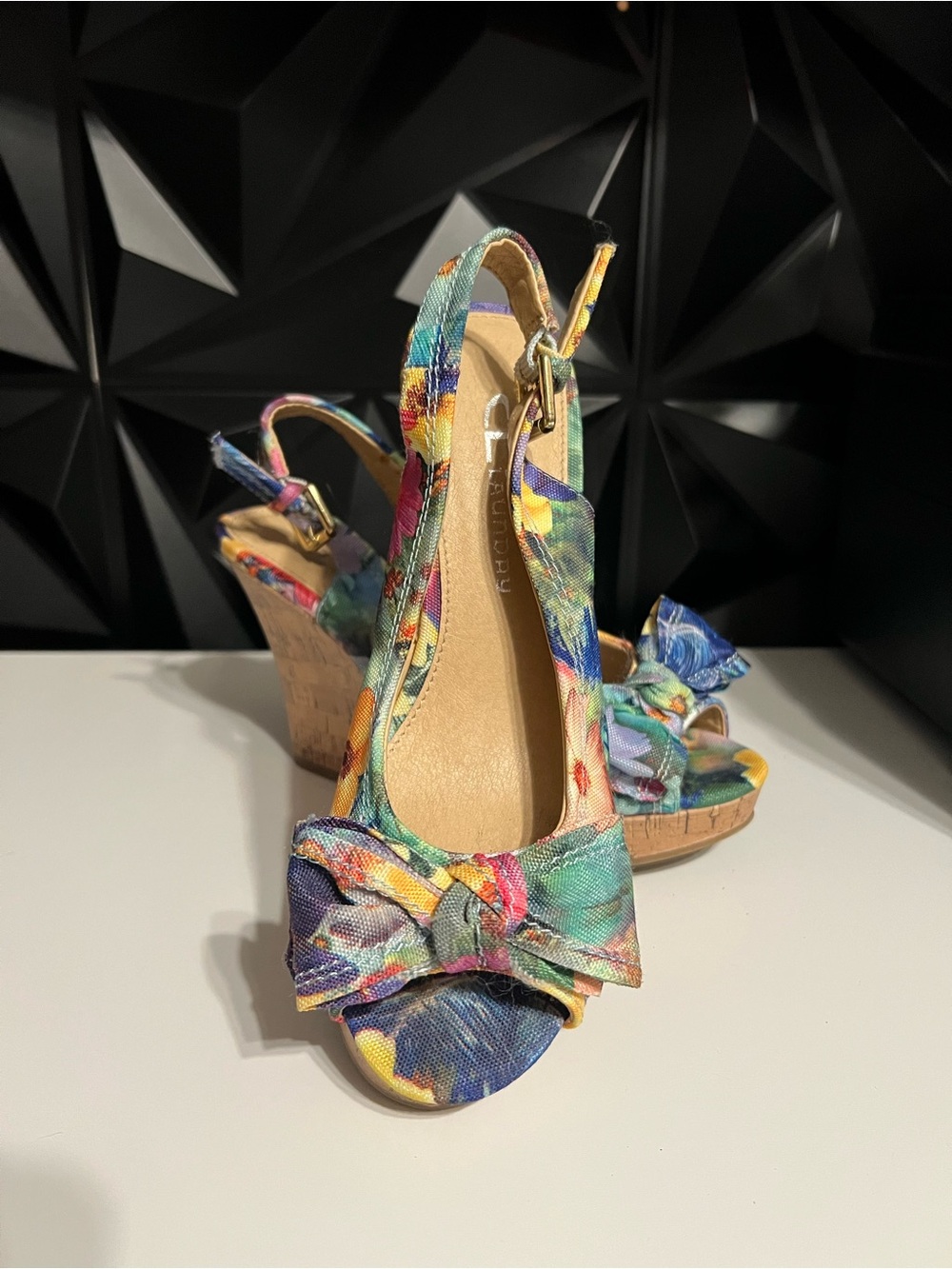 CL by Laundry Floral Bow Slingback Wedge Sandals in Multicolor